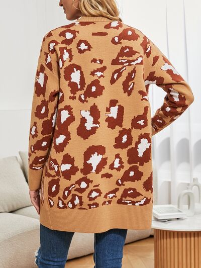 Leopard Open Front Dropped Shoulder Cardigan