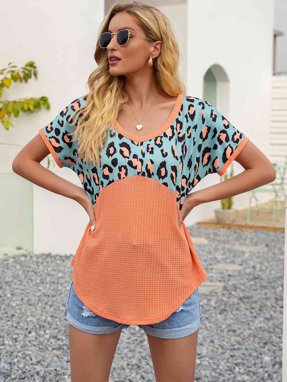 Leopard Waffle-Knit Short Sleeve Top