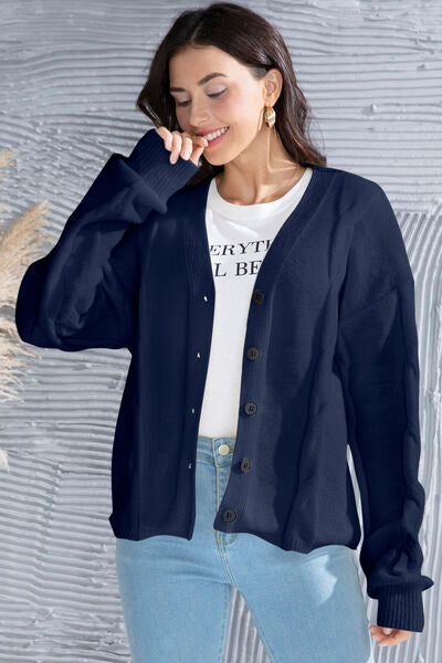 Button Up V-Neck Drop Shoulder Long Sleeve Cardigan