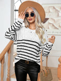 Striped Round Neck Cable-Knit Sweater