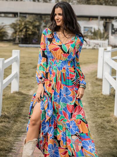 Printed Smocked Tie Neck Balloon Sleeve Maxi Dress