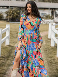 Printed Smocked Tie Neck Balloon Sleeve Maxi Dress