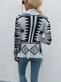 Geometric Fringe Hem Open Front Cardigan