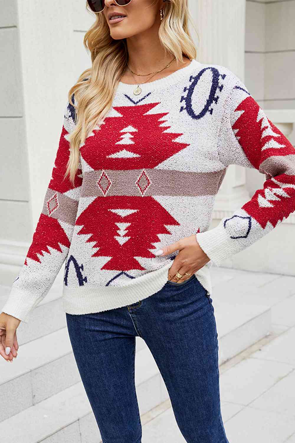 Printed Round Neck Long Sleeve Sweater