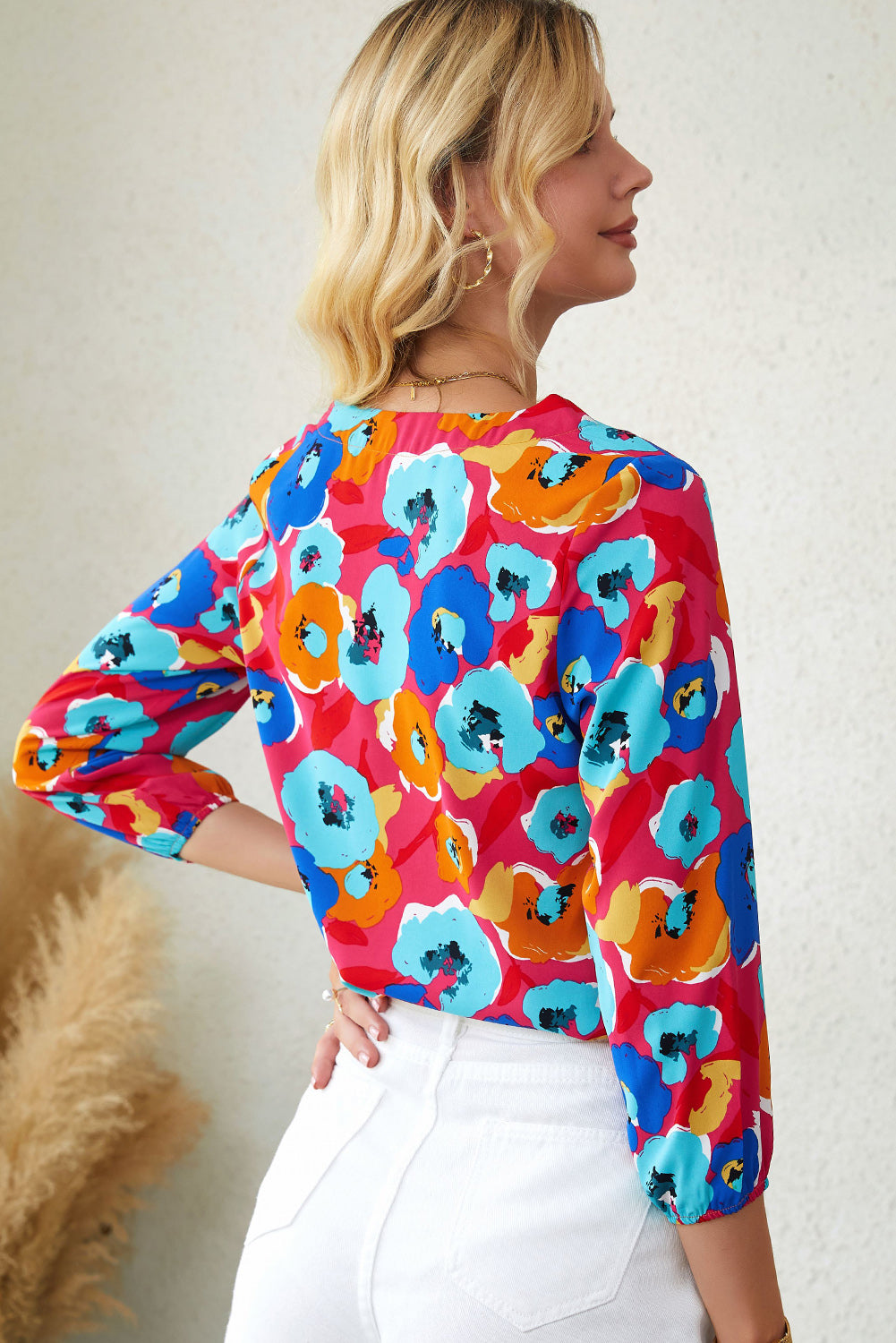 Floral V-Neck Three-Quarter Sleeve Top