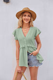 Buttoned V-Neck Ruffle Trim Top