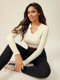 Ribbed Notched Long Sleeve Cropped Active Top